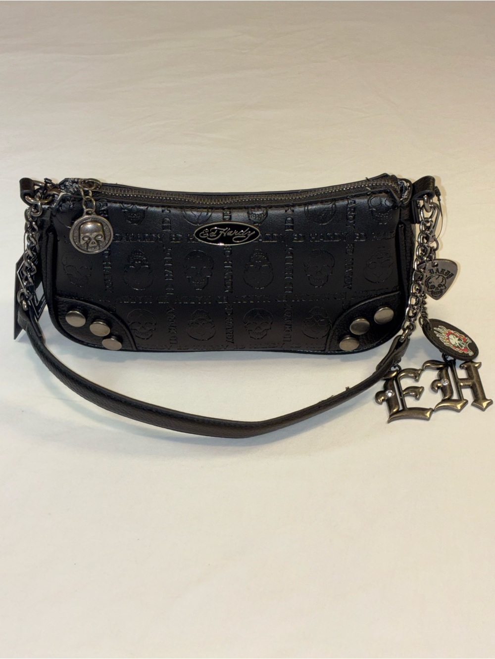 Ed Hardy Black Embossed Shoulder Bag with Charm Accents